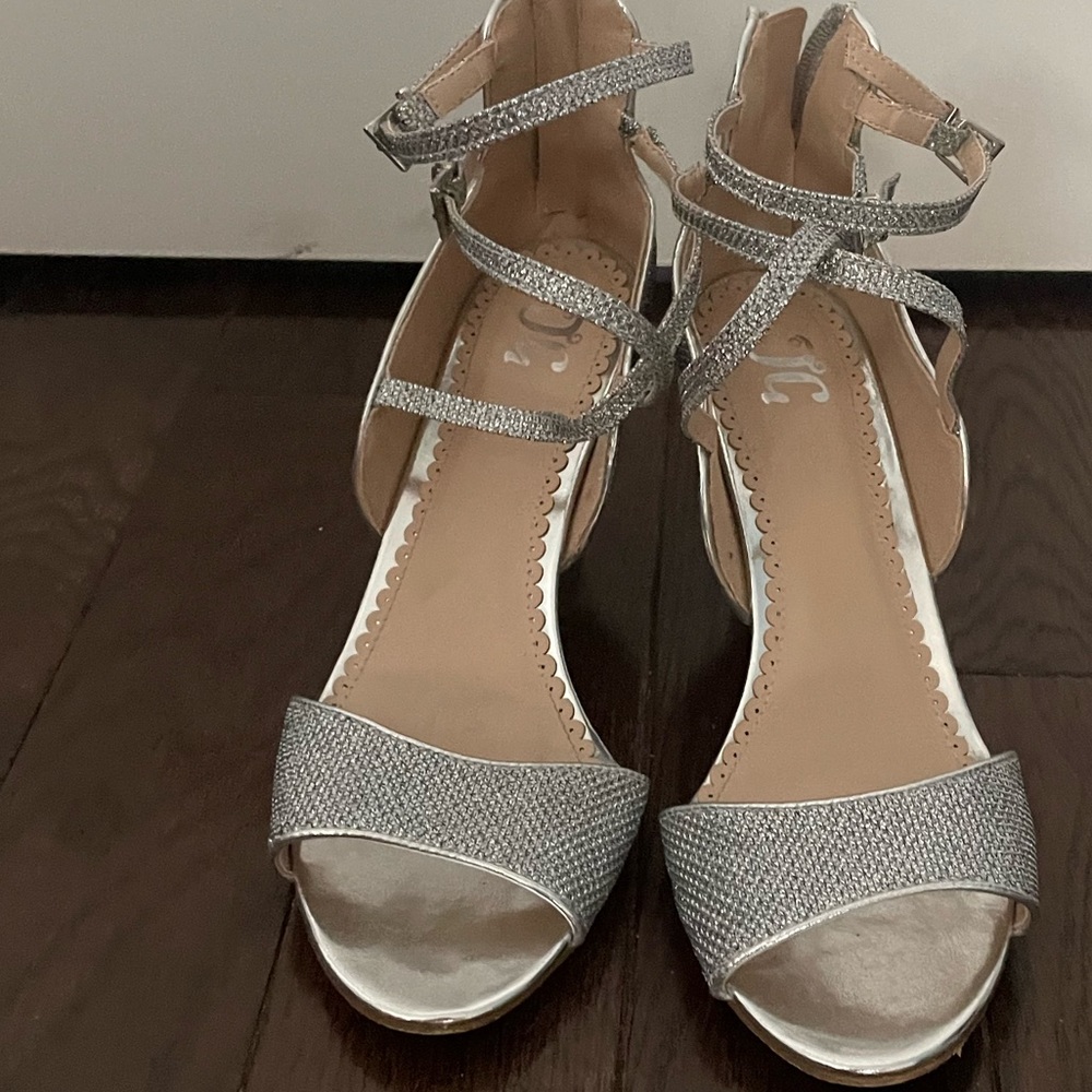Silver open toe strappy heels